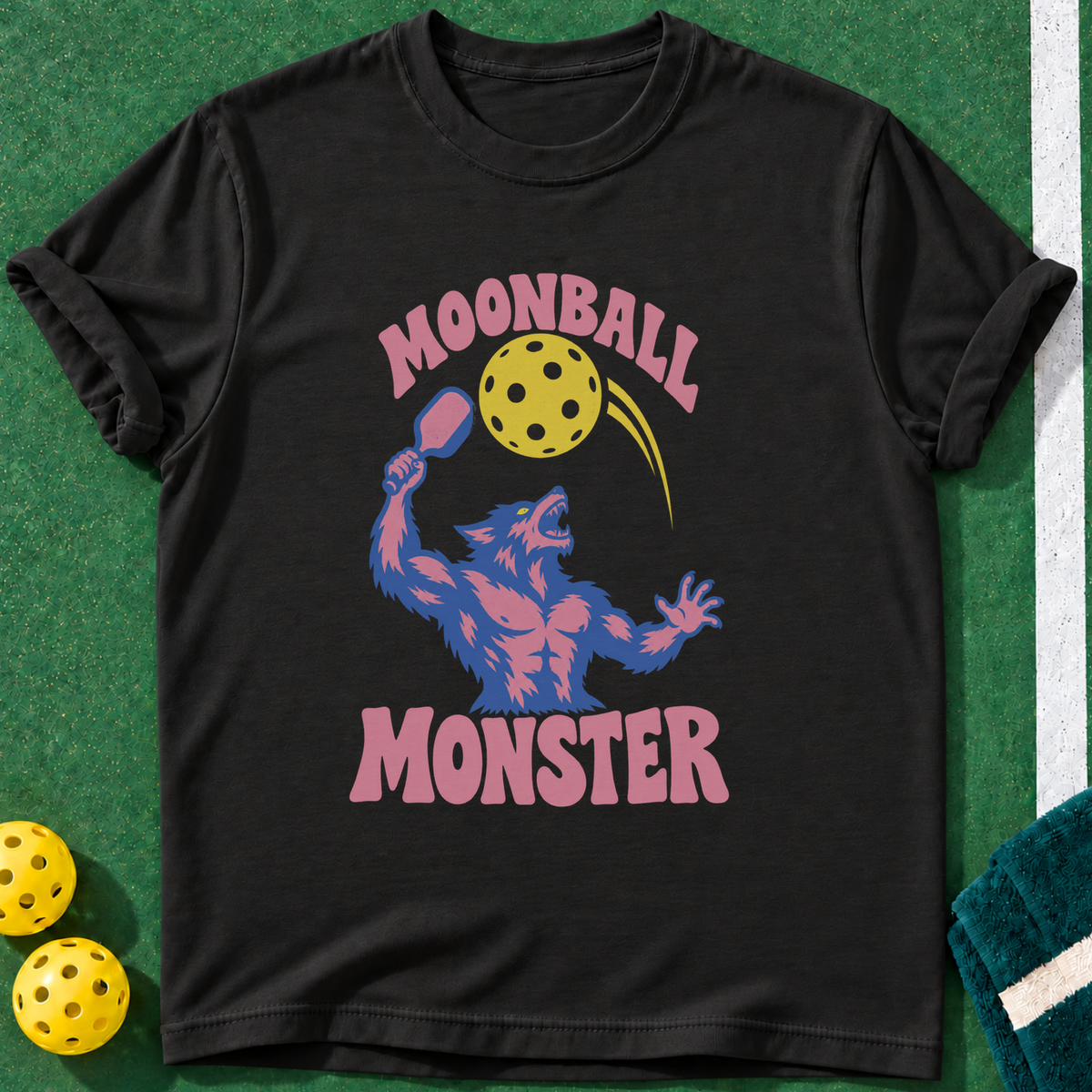 Moonball Monster T-shirt | Black | final realistic custom mockup v2