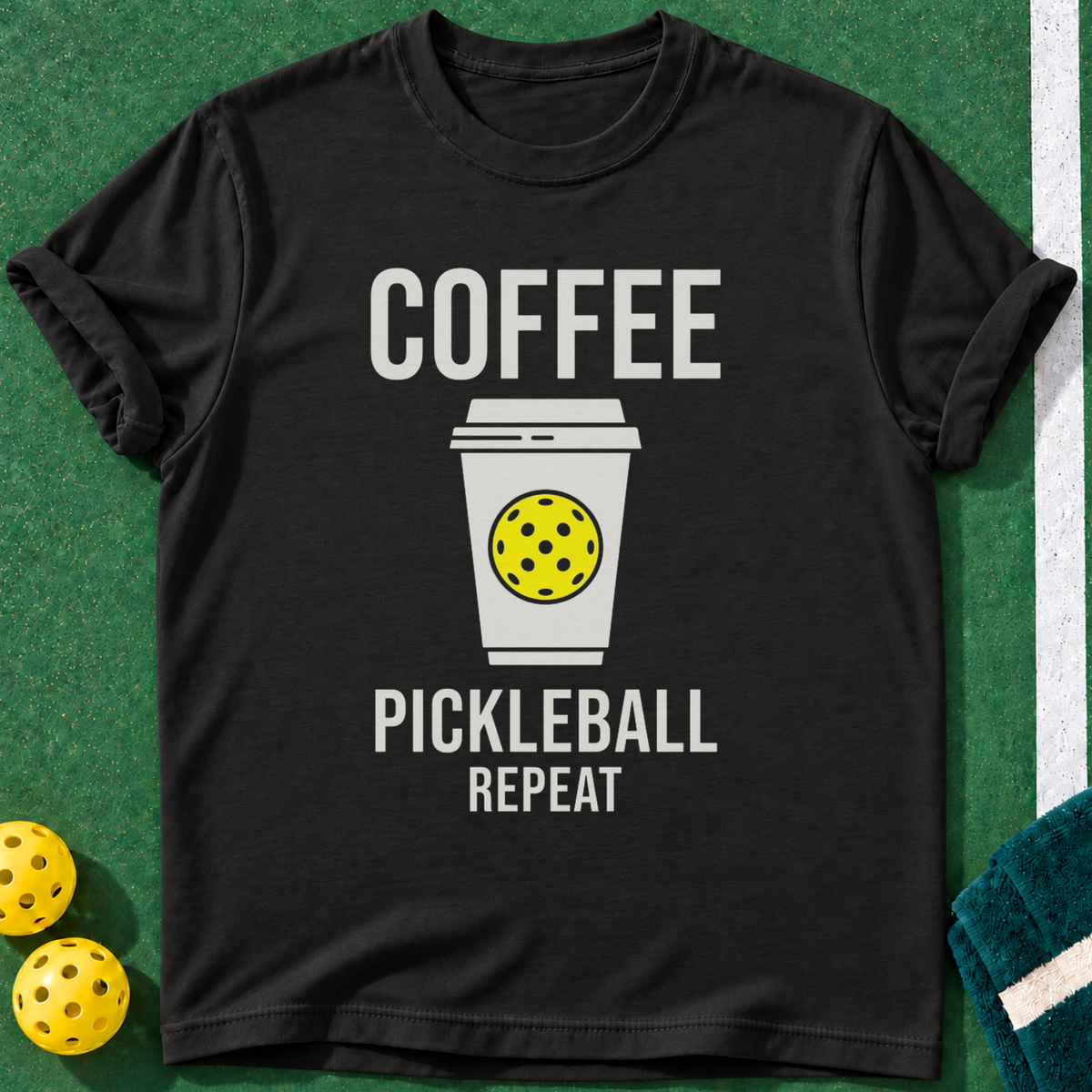 Coffee Repeat T-shirt | Black | final realistic custom mockup v2