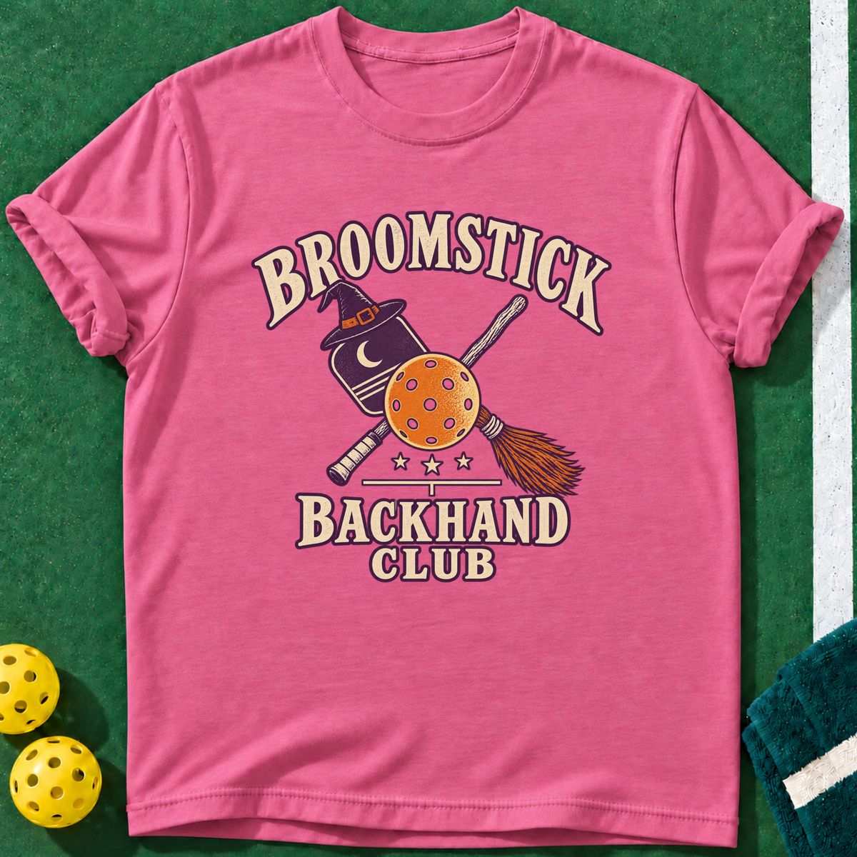 Broomstick Backhand T-shirt | Heather Berry | final realistic custom mockup v2