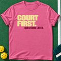 Court First Questions T-shirt | Heather Berry | final realistic custom mockup v2