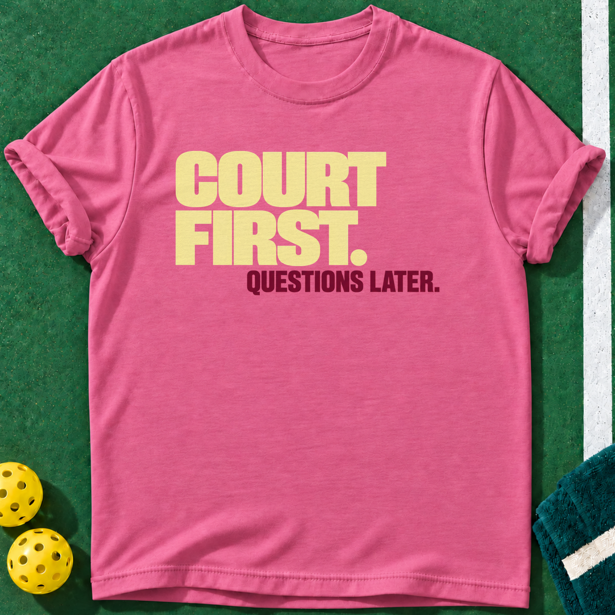 Court First Questions T-shirt | Heather Berry | final realistic custom mockup v2