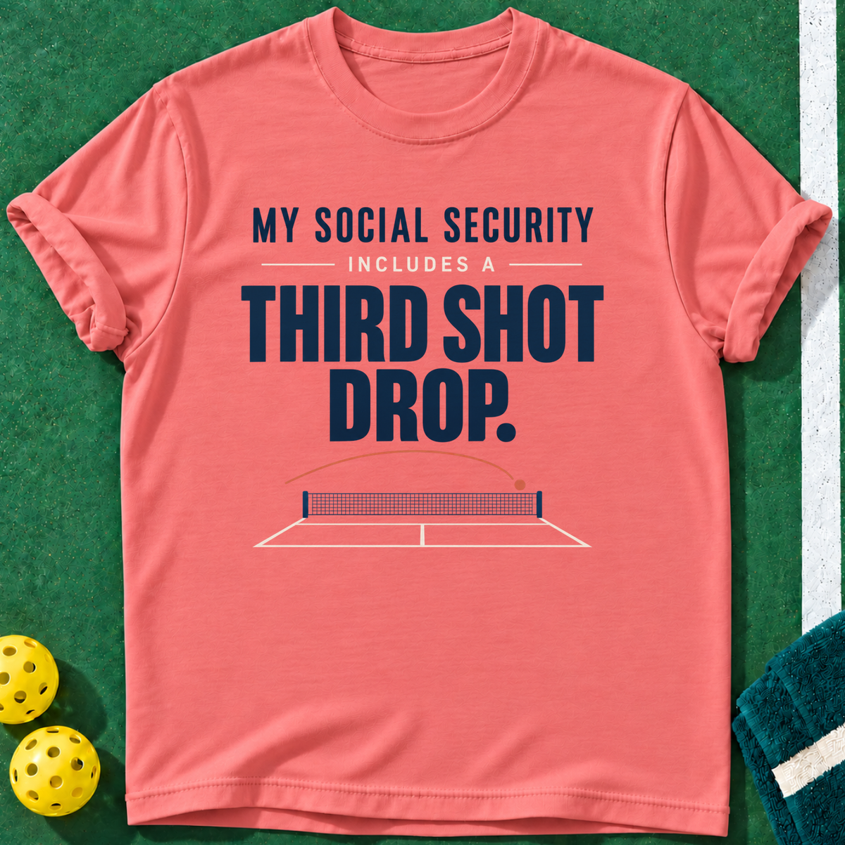 Social Security Dinking T-shirt | Coral Silk | final realistic custom mockup v2