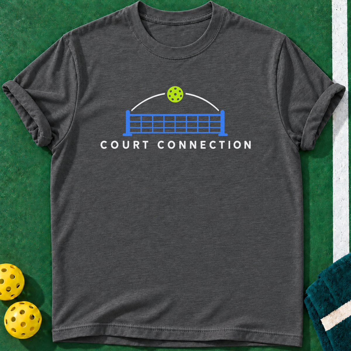 Court Connection T-shirt | Dark Heather | final realistic custom mockup v2