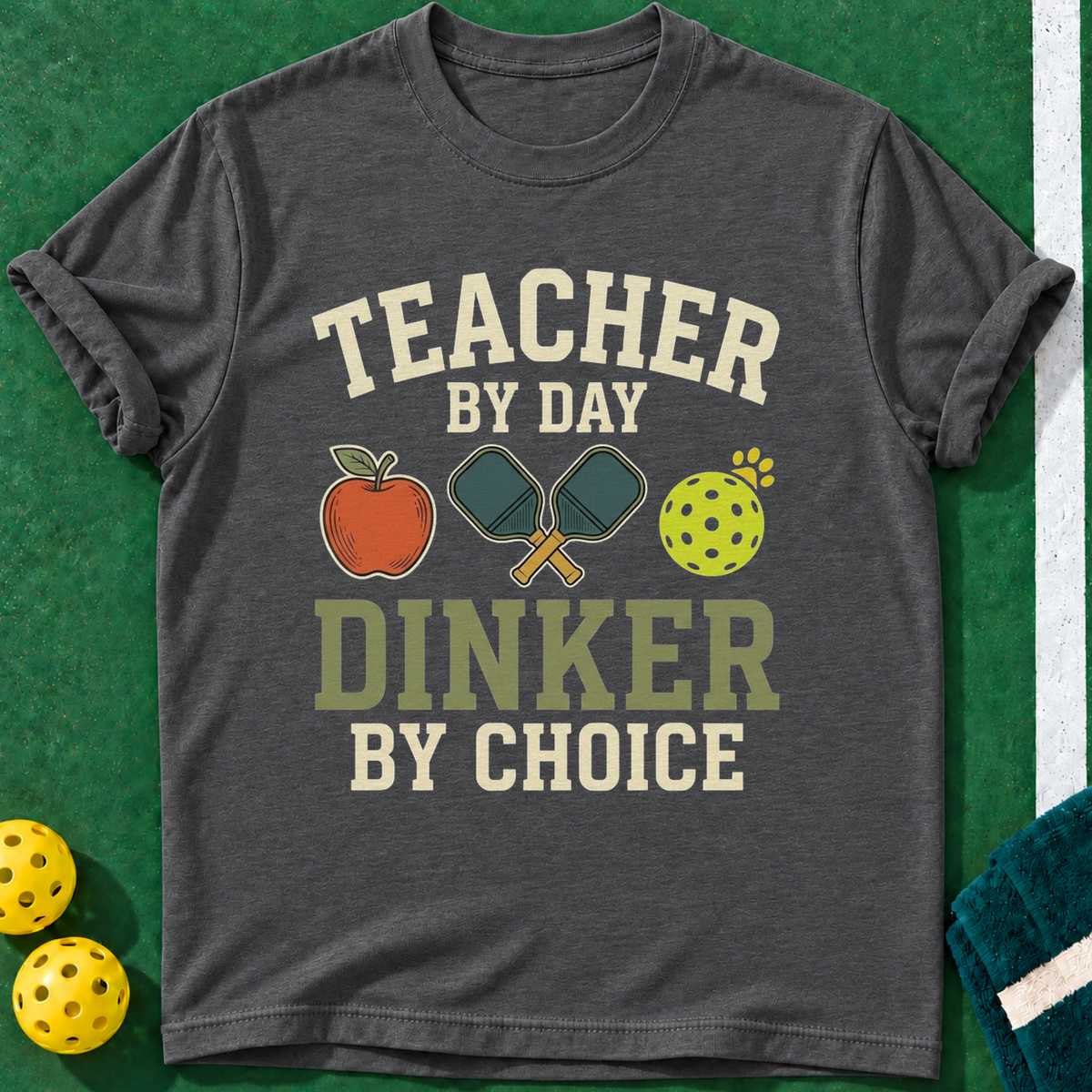 Daytime Teacher Dinker T-shirt | Dark Heather | final realistic custom mockup v2