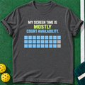Court Availability T-shirt | Dark Heather | final realistic custom mockup v2