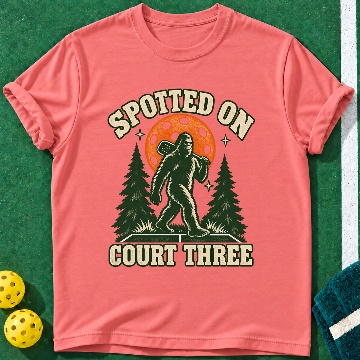 Spotted Court Three T-shirt | Coral Silk | final realistic custom mockup v2