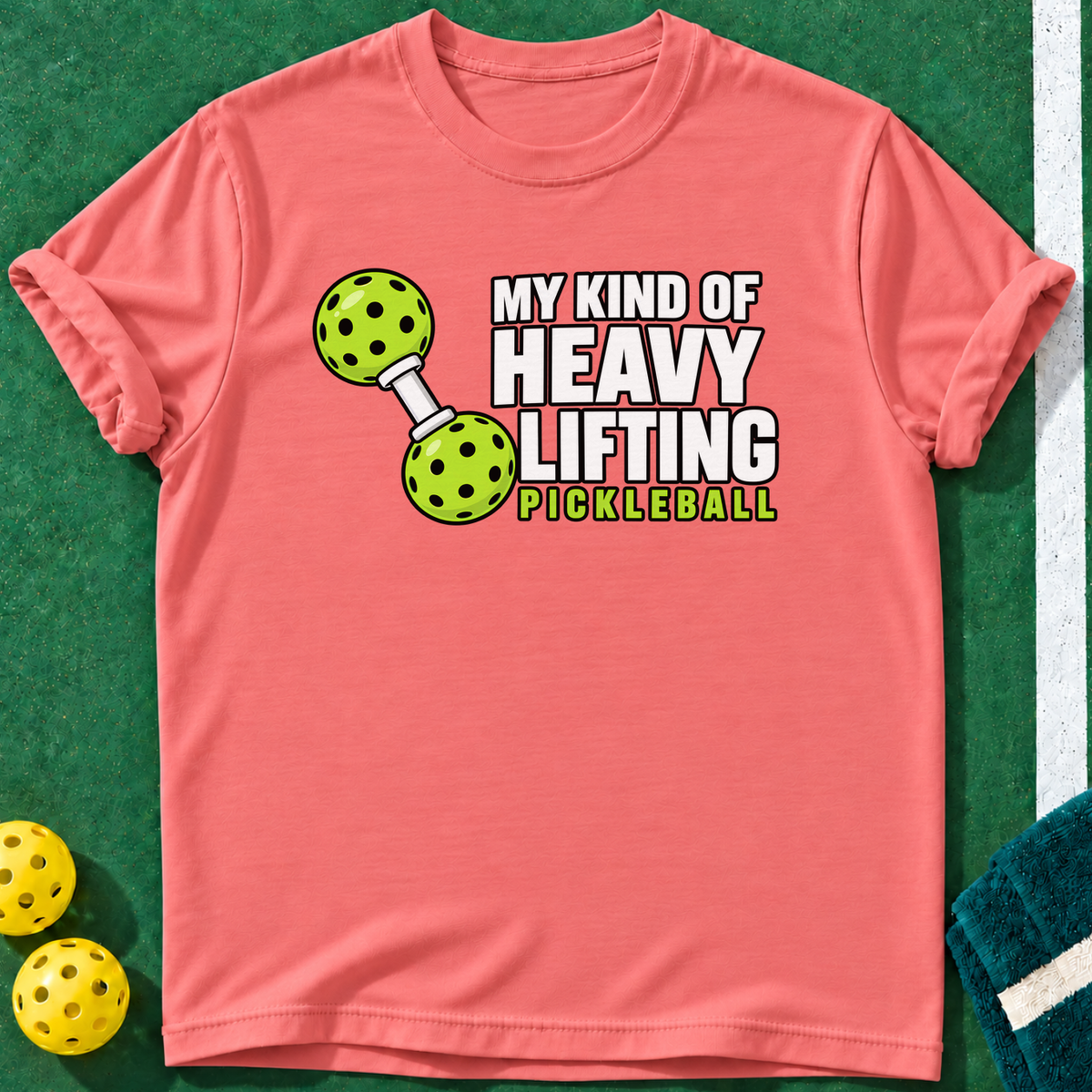 Heavy Lifting T-shirt | Coral Silk | final realistic custom mockup v2