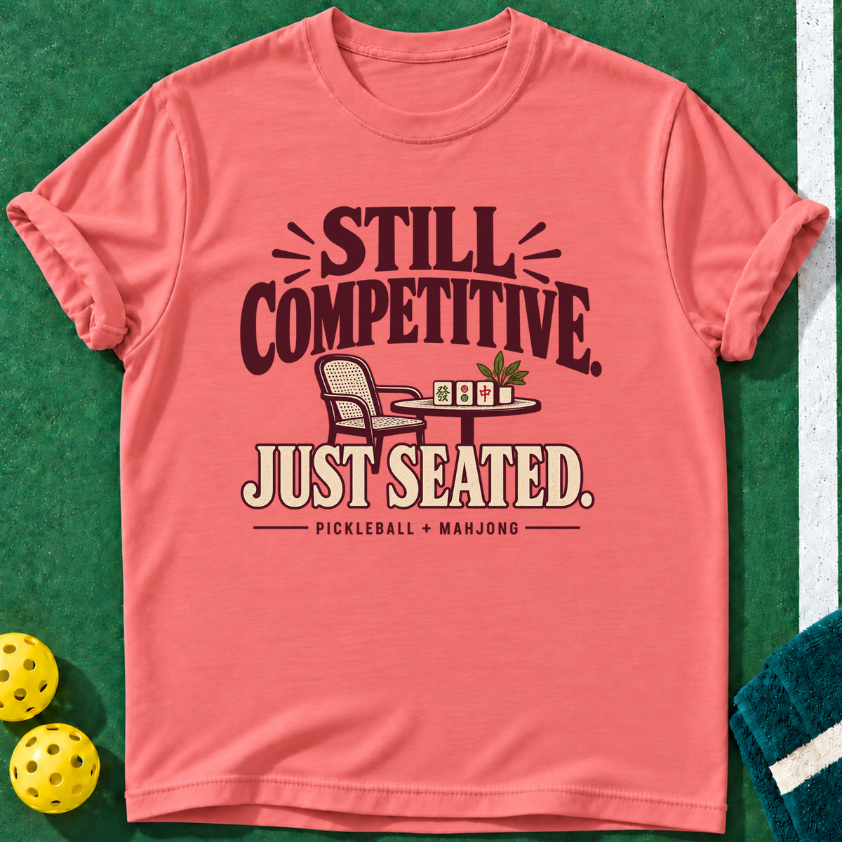 Seated Still Competitive T-shirt | Coral Silk | final realistic custom mockup v2