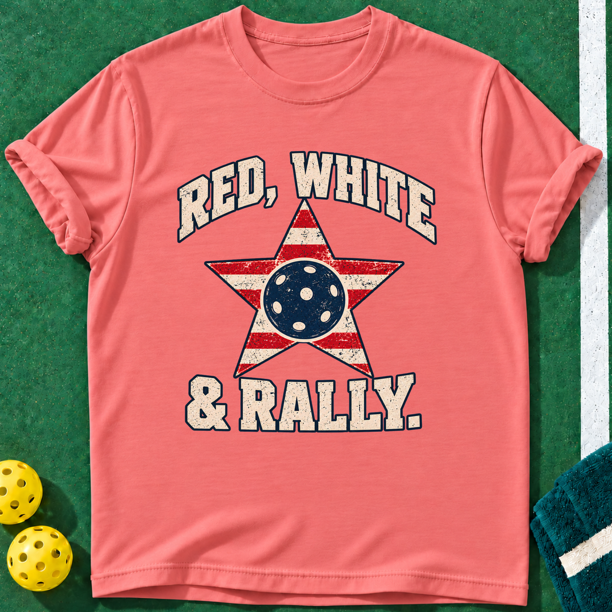 Red White Rally T-shirt | Coral Silk | final realistic custom mockup v2