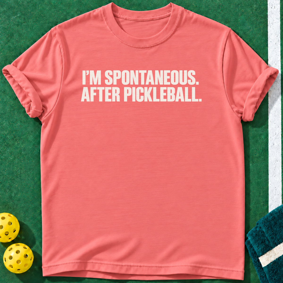 Spontaneous Pickleball T-shirt | Coral Silk | final realistic custom mockup v2