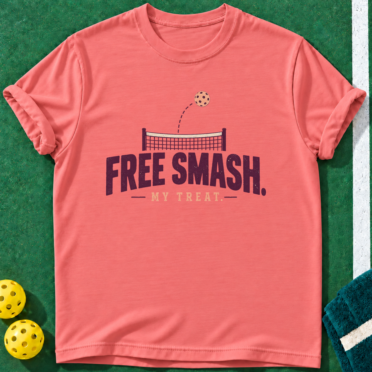 Free Smash Treat T-shirt | Coral Silk | final realistic custom mockup v2
