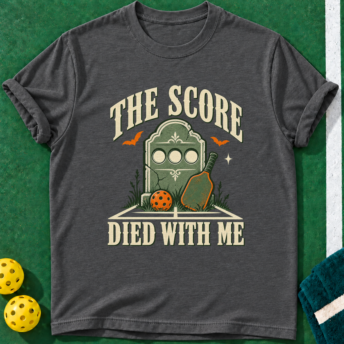 Dead Scorekeeper T-shirt | Dark Heather | final realistic custom mockup v2