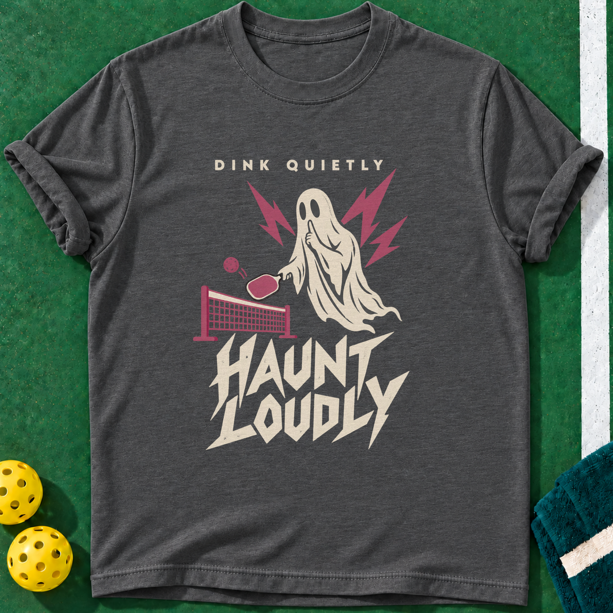 Quiet Dink Haunting T-shirt | Dark Heather | final realistic custom mockup v2