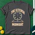 Kitchen Closes Midnight T-shirt | Dark Heather | final realistic custom mockup v2