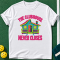 Clubhouse Never Closes T-shirt | White | final realistic custom mockup v2
