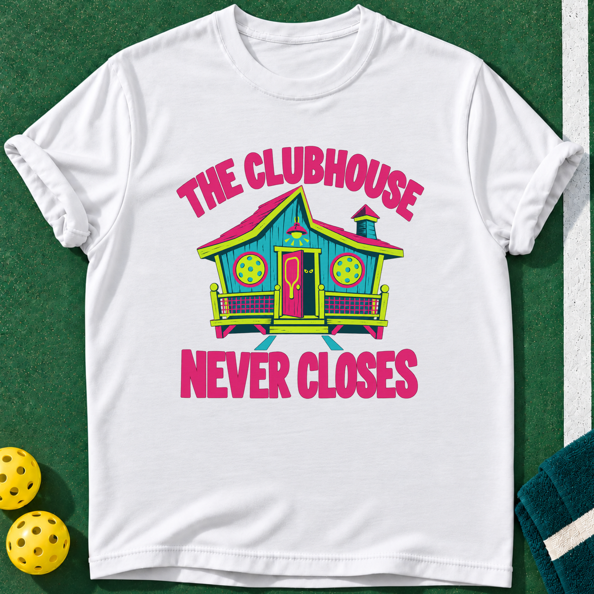 Clubhouse Never Closes T-shirt | White | final realistic custom mockup v2